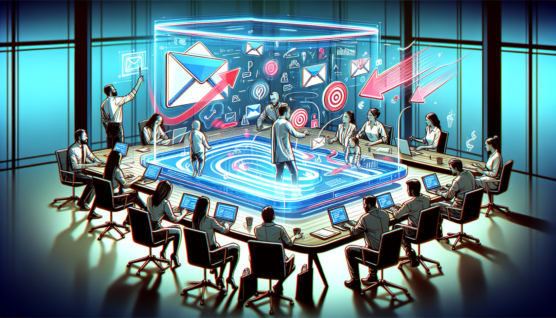 A team of professionals at a high-tech conference table working on email marketing strategies with holographic displays showcasing email icons and targets, symbolizing a modern email marketing agency.