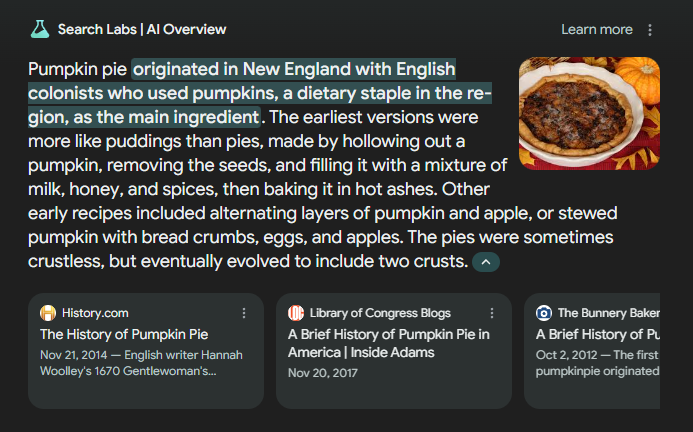 History of pumpkin pie AI Overview result